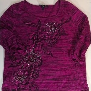 Style&Co Women's Fuchsia Black Metallic Ruched Blouse Size L Artsy Casual Bling